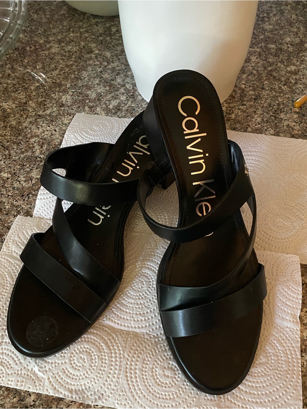 Calvin Klein Black Leather Multi-Strap Heeled Sandals